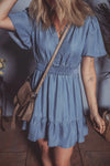Ruffled Hem Smocked Flutter Sleeve Denim Mini Dress Dusty Blue