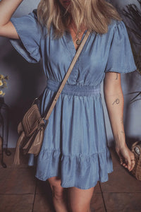 Ruffled Hem Smocked Flutter Sleeve Denim Mini Dress Dusty Blue