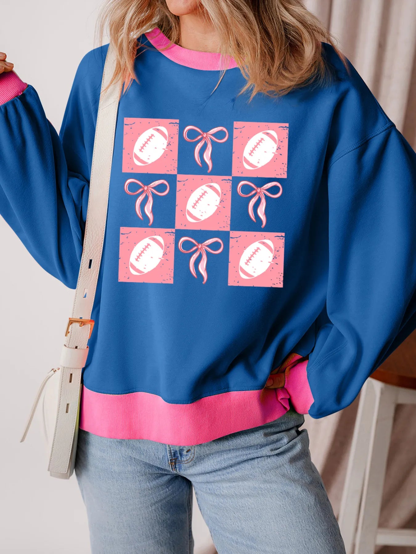 Bowknot Graphic Game Day Contrast Trim Drop Shoulder Casual Sweatshirt