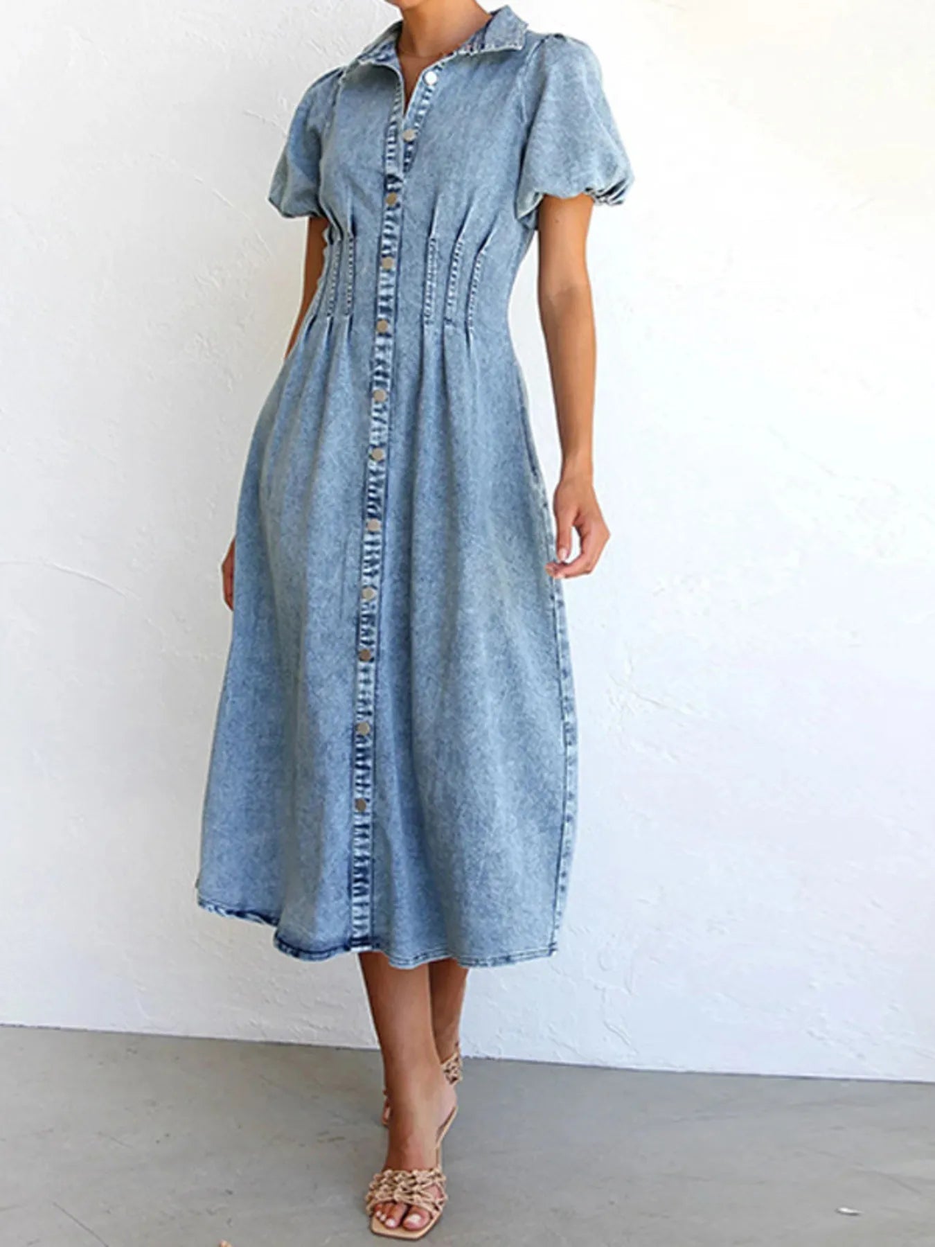 Stylish Puff Sleeve Button Front Denim Midi Dress - 80% Cotton, Washed Finish, No Stretch