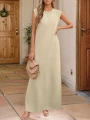Full Size Slit Round Neck Sleeveless Maxi Tank Dress Plus Size Khaki