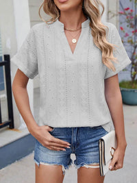 Trendy Eyelet Notched Short Sleeve Top in 65% Rayon - Stylish & Versatile Women's Wear - Store 42