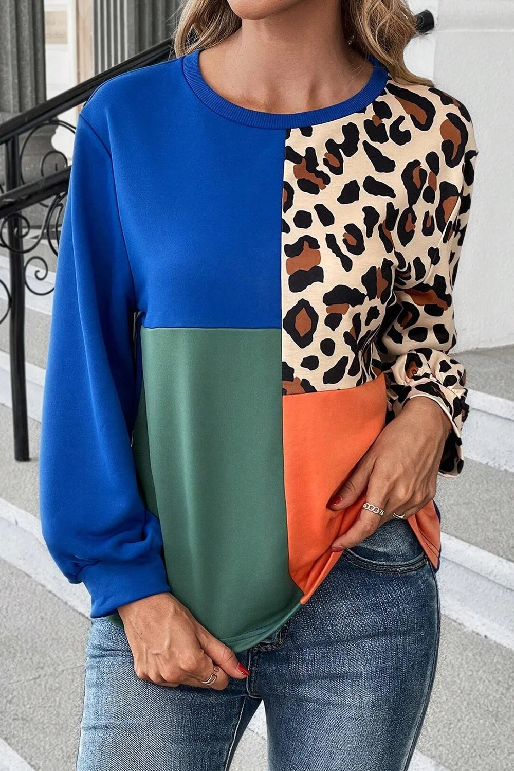 Trendy Color Block Long Sleeve Sweatshirt with Round Neck - Slightly Stretchy & Opaque Fabric