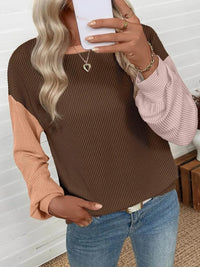 Trendsi Color Block Ribbed Long Sleeve T-Shirt: Slightly Stretchy, Modern Casual Style - Store 42