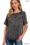 Zenana Back Patch Crinkle Washed Raglan Sleeve T-Shirts ASH BLACK