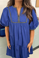 Notched Puff Sleeve Mini Dress Royal Blue
