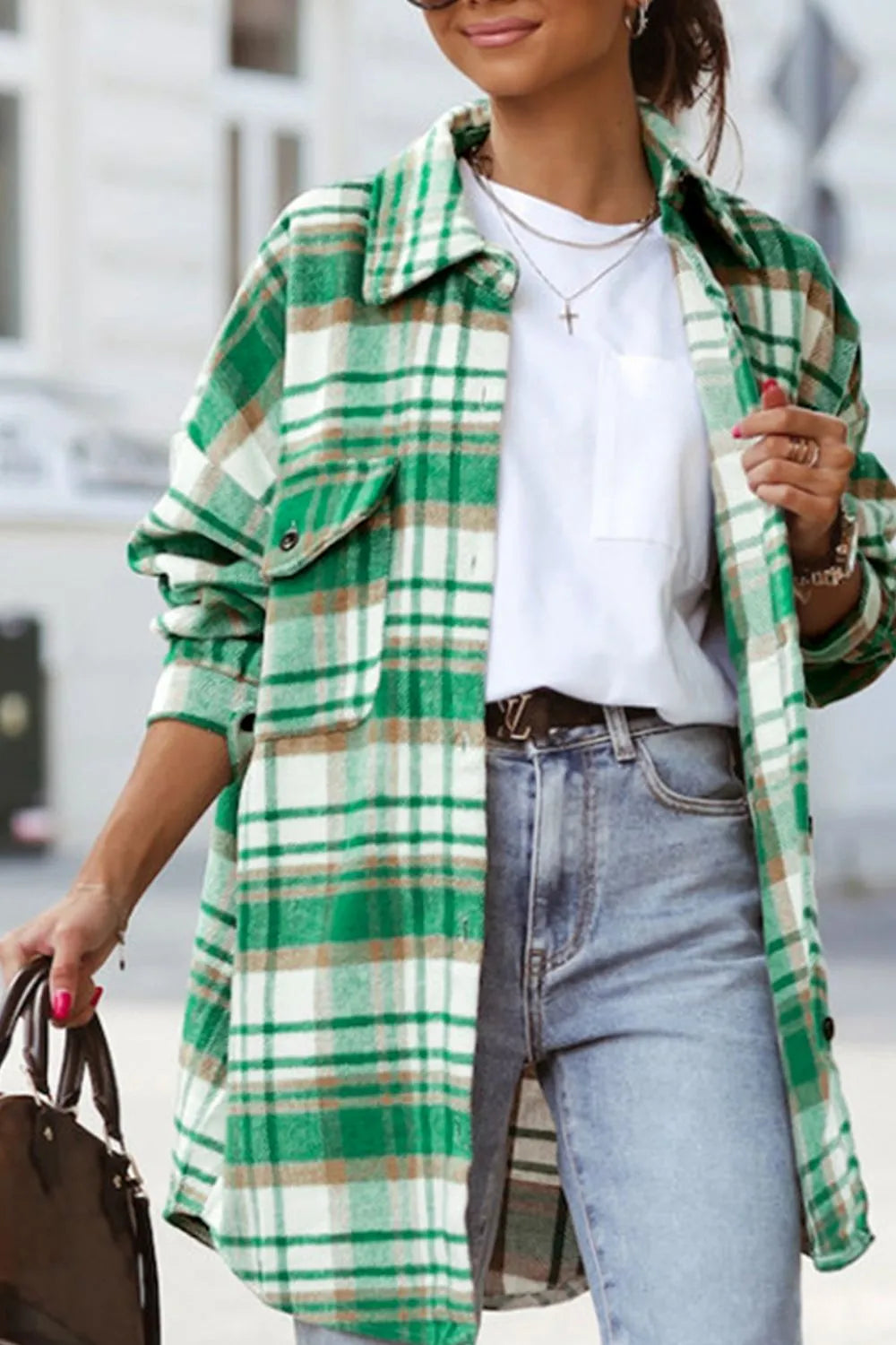 Trendy Plaid Flap Pocket Long Sleeve Shacket – 100% Polyester, Normal Thickness, Machine Washable