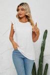 Trendy Smocked Round Neck Eyelet Top with Cap Flutter Sleeves - Casual Long Length Blouse - Store 42