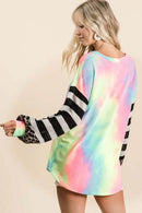 BiBi Tie Dye V Neck Top With Stripe Puff Sleeves - Trendy Colorful Casual Wear - Store 42