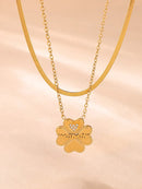 2 Piece 18K Gold-Plated Inlaid Zircon Lucky Clover Necklace Gold One Size