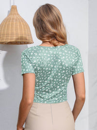 Trendy Floral Surplice Neck V-Neck Short Sleeve Cropped Top - Casual 100% Polyester - Store 42