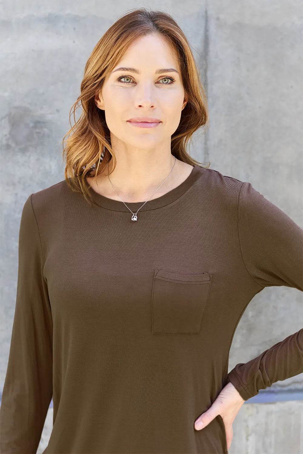 Basic Bae Women's Full Size Round Neck Long Sleeve Top with Pockets and Moderate Stretch - Store 42