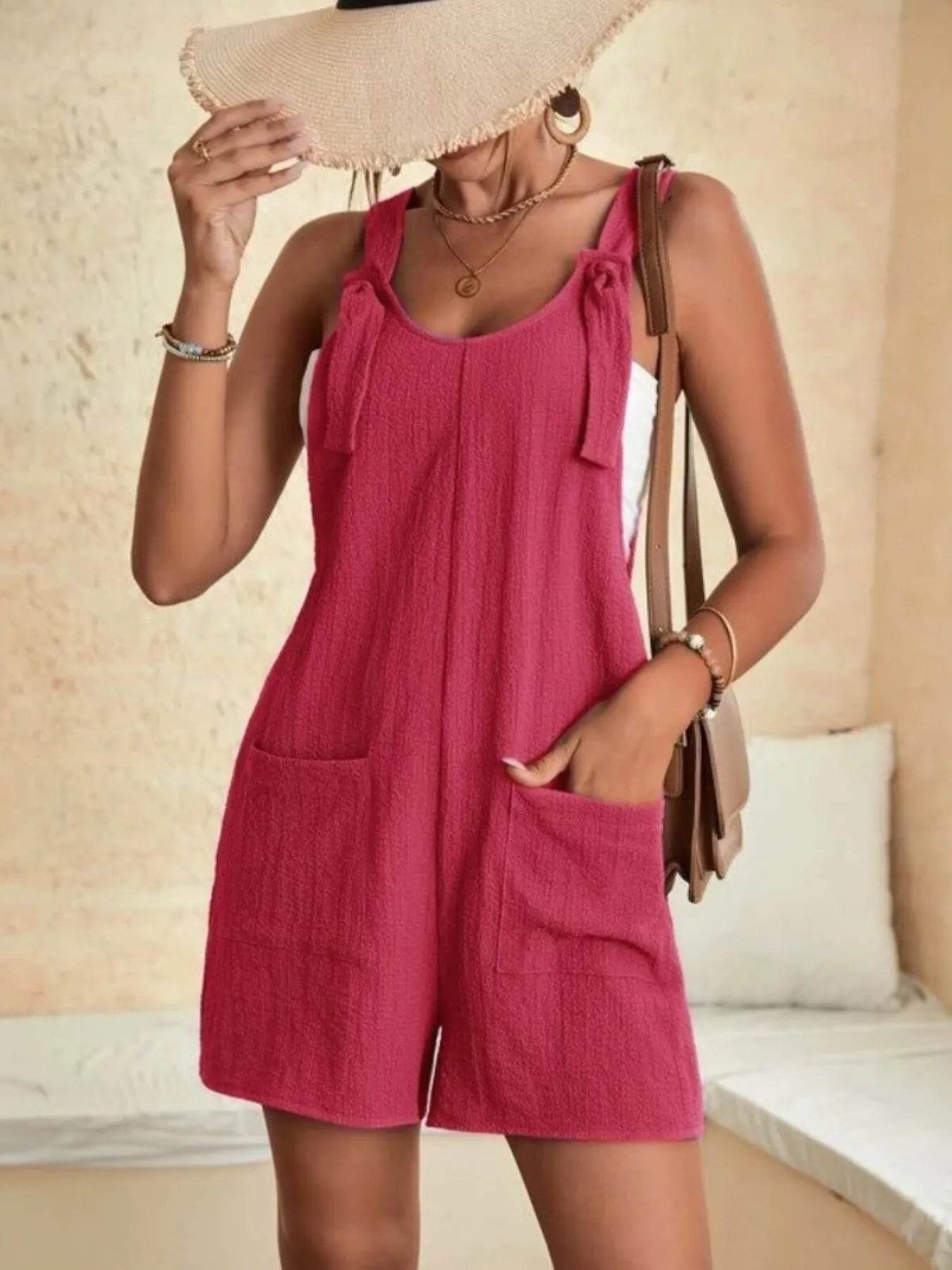 Full Size Knot Strap Romper with Pockets Plus Size - Store 42