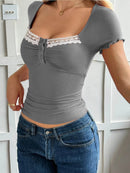 Lace Detail Short Sleeve T-Shirt with Buttoned Closure - Stretchy Polyester Blend Top - Store 42