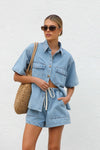 Collared Neck Button Up Top and Shorts Denim Set Light