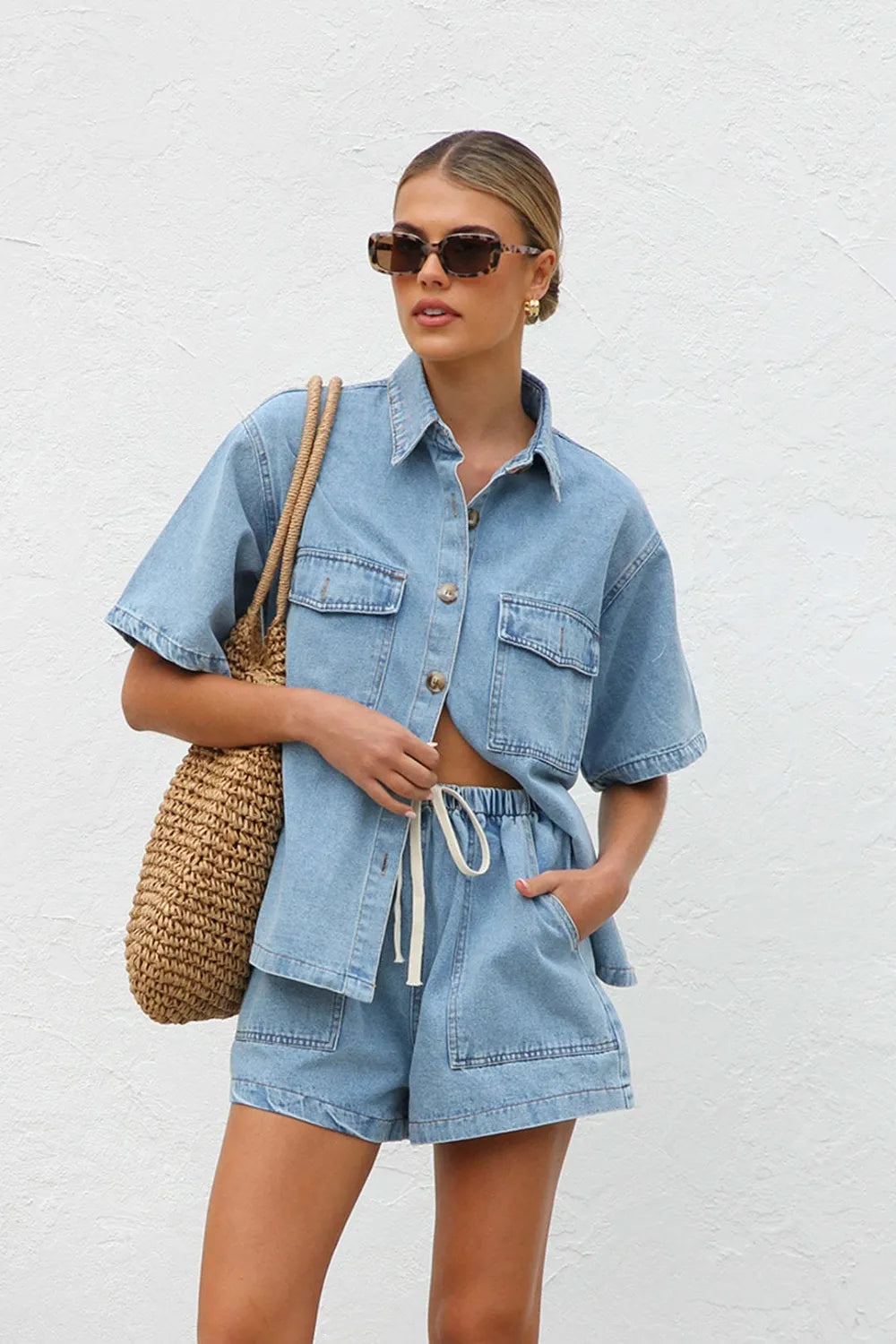 Collared Neck Button Up Top and Shorts Denim Set Light