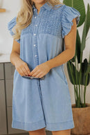 Smocked Collared Neck Cap Sleeve Denim Dress