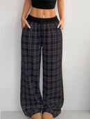 Plaid Wide Leg Pants with Drawstring Waist Mocha