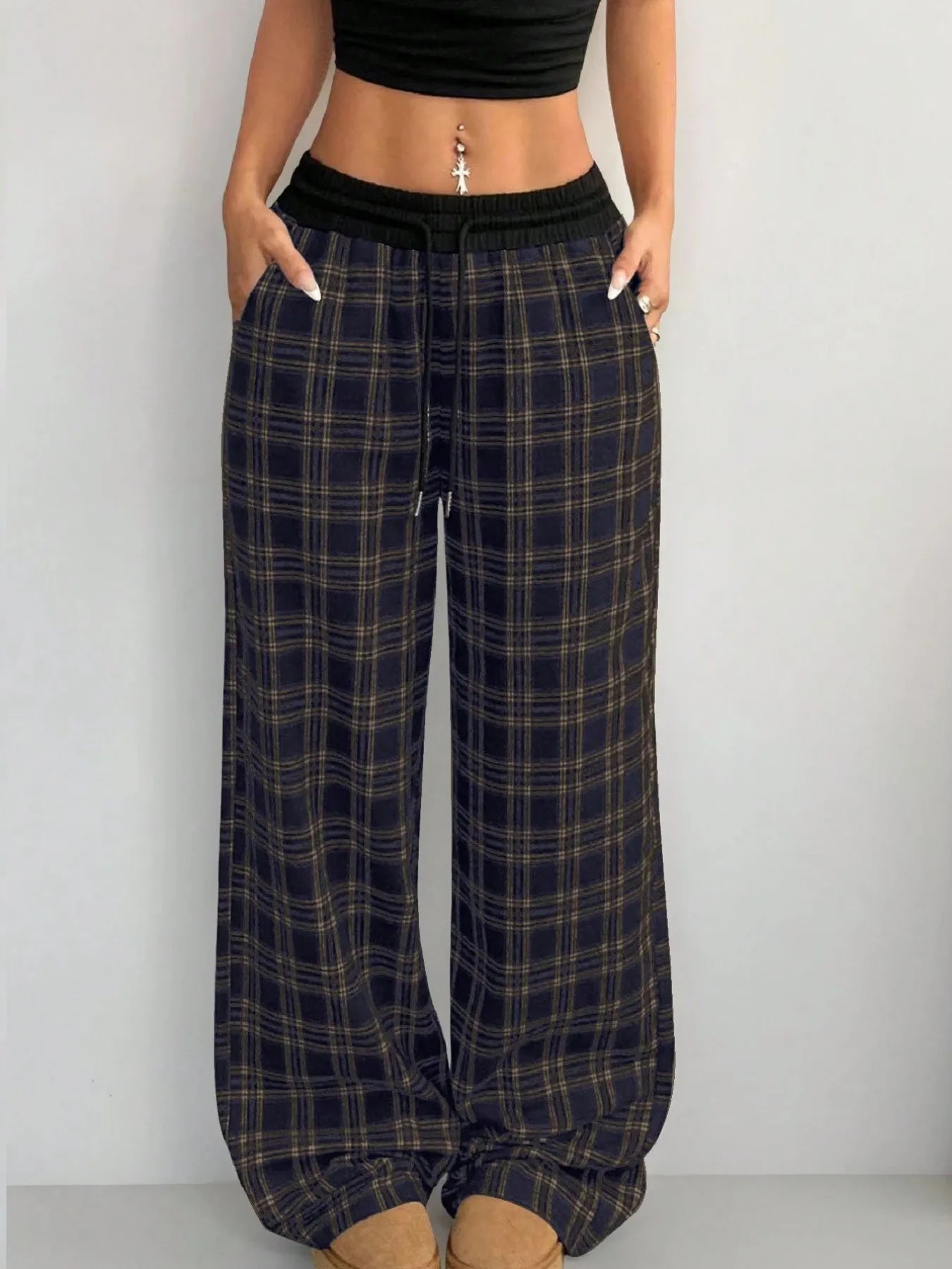 Plaid Wide Leg Pants with Drawstring Waist Mocha