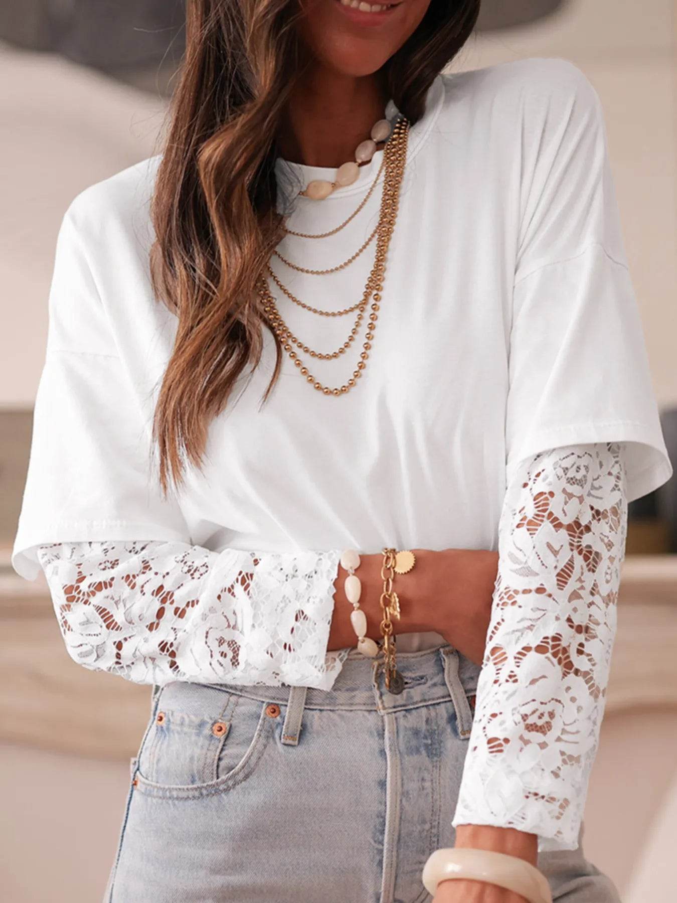 Lace Detailed Long Sleeve Drop Shoulder Tee - Slightly Stretchy Casual Top
