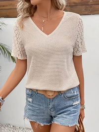 Lace Sleeve V-Neck Waffle Knit Top with Stretchy Fit - Perfect for Casual Outings - Store 42