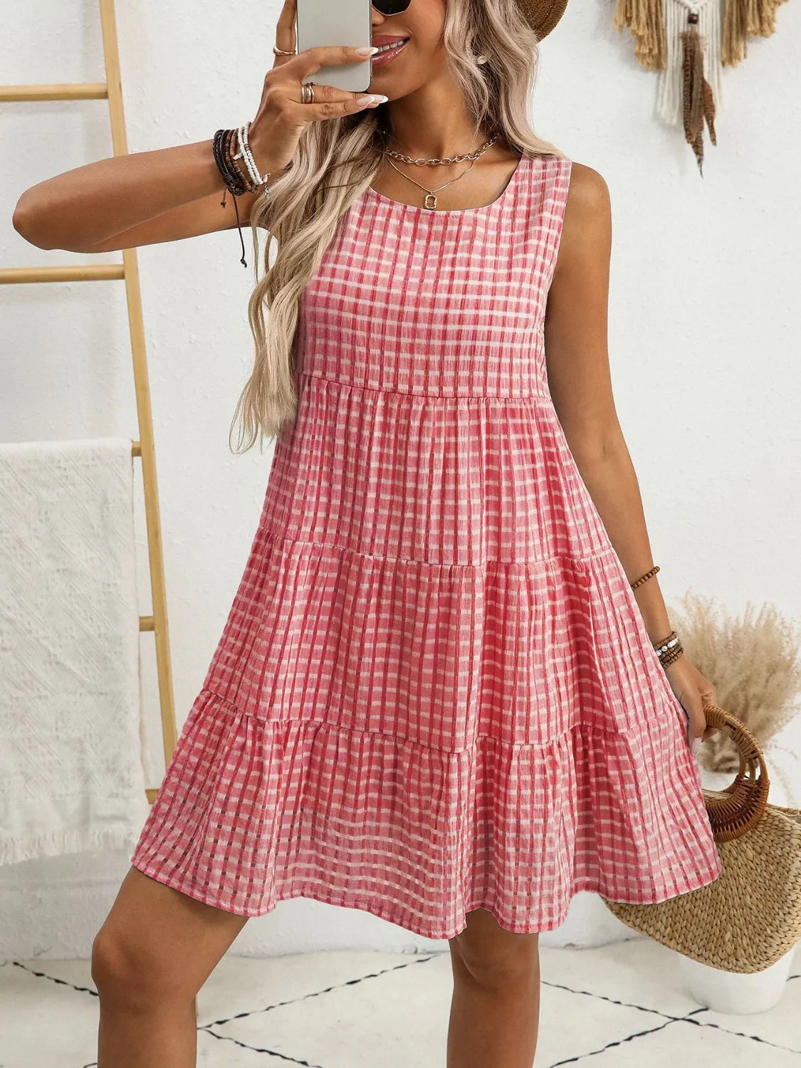 Plaid Round Neck Sleeveless Mini Dress Burnt Coral
