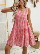 Plaid Round Neck Sleeveless Mini Dress Burnt Coral