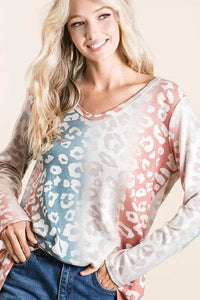 Trendy Gradation Leopard Print Textured Knit Top - 100% Cotton, Slightly Stretchy Fabric - Store 42