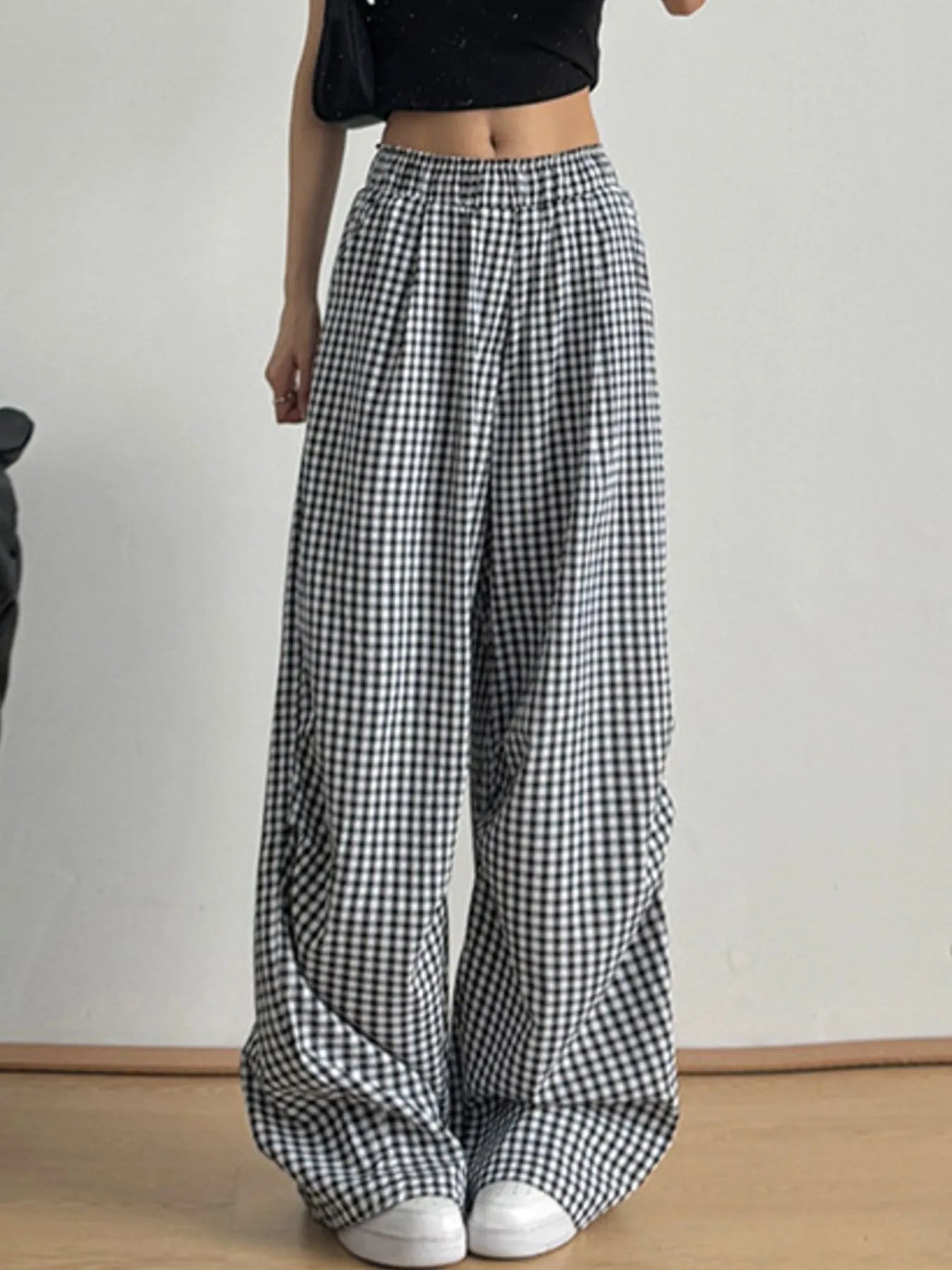 Trendy Gingham Check Wide Leg Casual Pants with Pockets - 100% Polyester, Oversized Fit