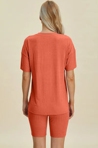 Basic Bae Full Size Ribbed V-Neck Short Sleeve Top and Shorts Set