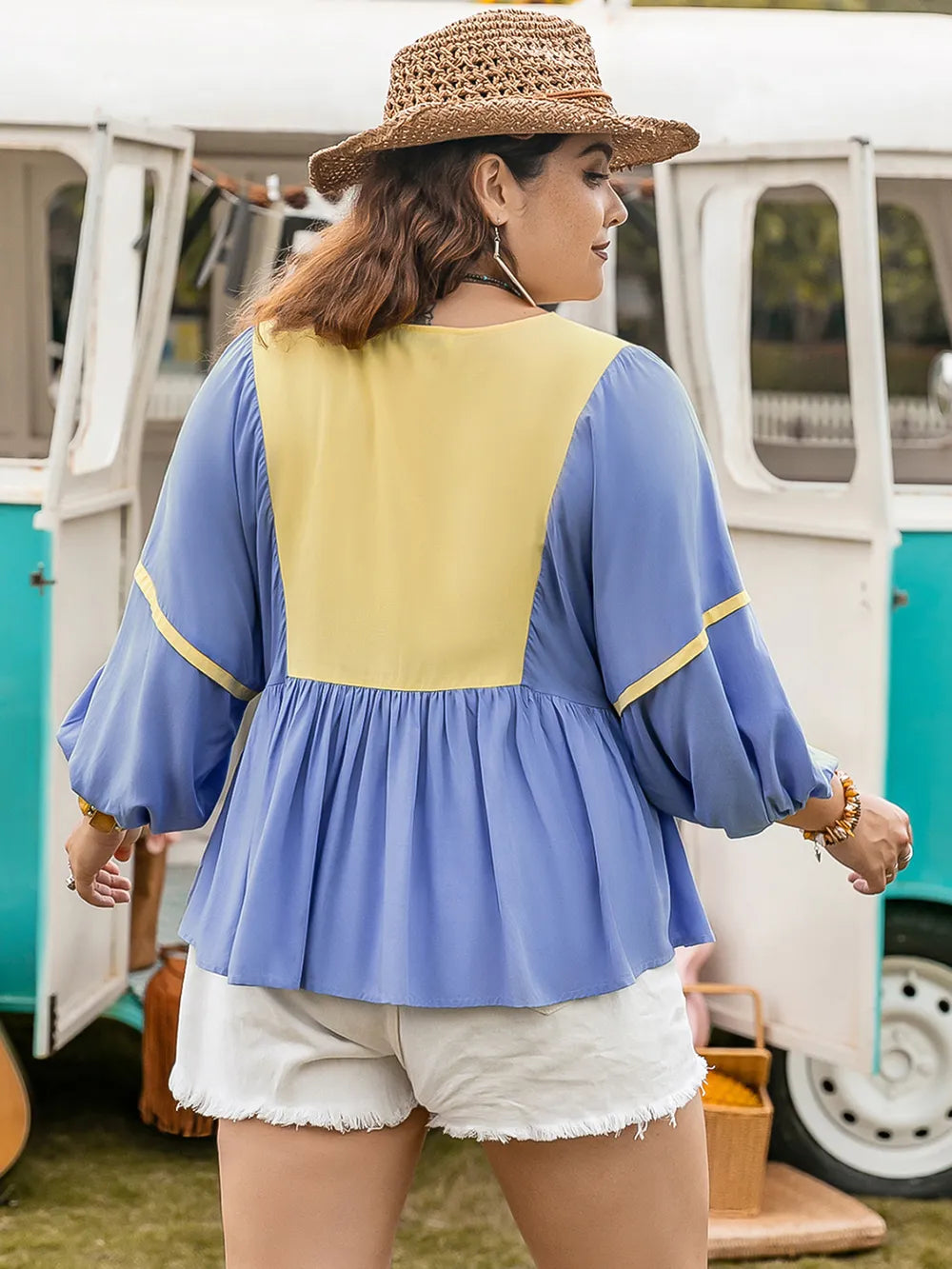 Plus Size 100% Viscose Ruched Tie Neck Balloon Sleeve Blouse - Opaque & Elegant