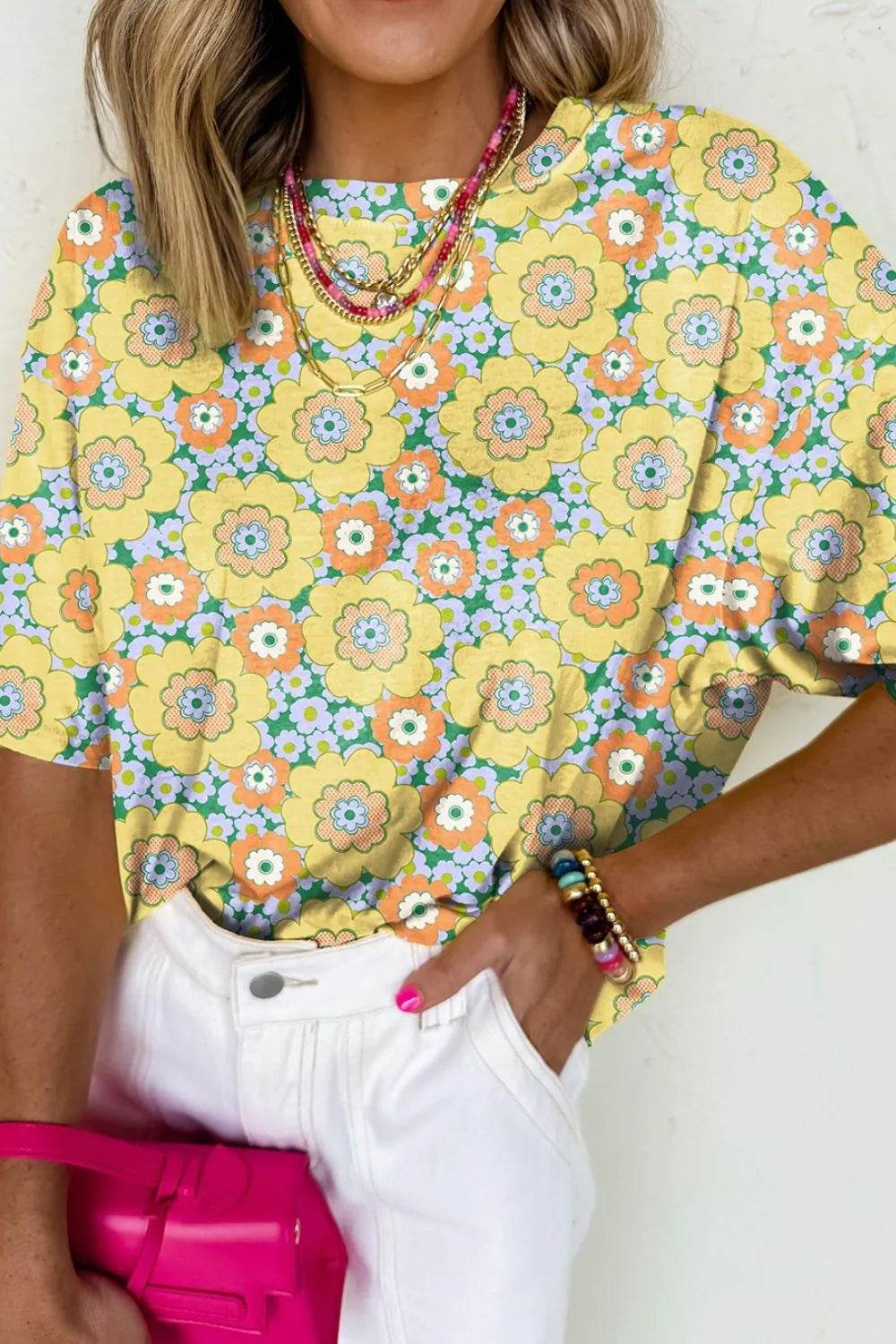 Floral Print Oversized T-Shirt with Round Neck - Soft Stretchy 95% Polyester Blend