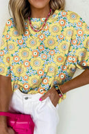 Floral Print Oversized T-Shirt with Round Neck - Soft Stretchy 95% Polyester Blend - Store 42