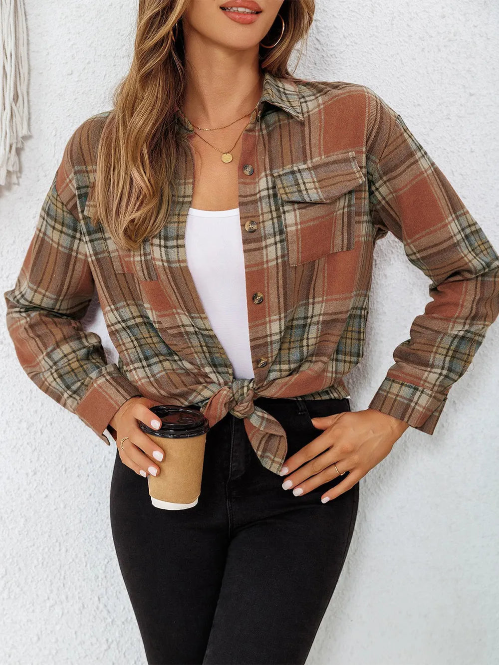 Plaid Collared Long Sleeve Button-Up Shirt with Pocket - 95% Polyester, Opaque, Trendy Style