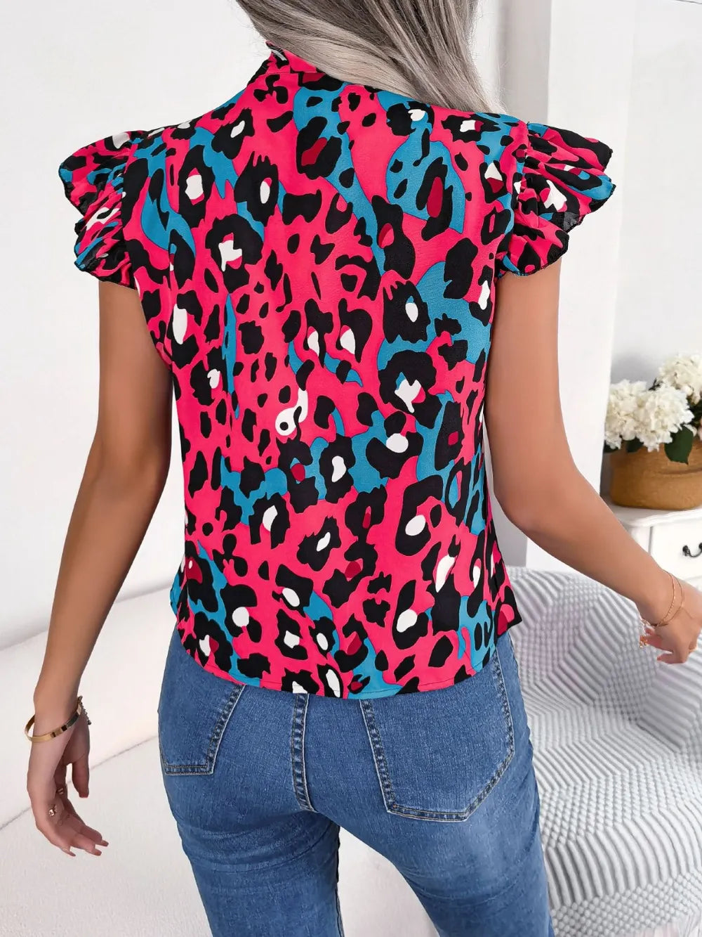 Leopard Print Tie Neck Blouse with Cap Sleeves – Opaque 100% Polyester