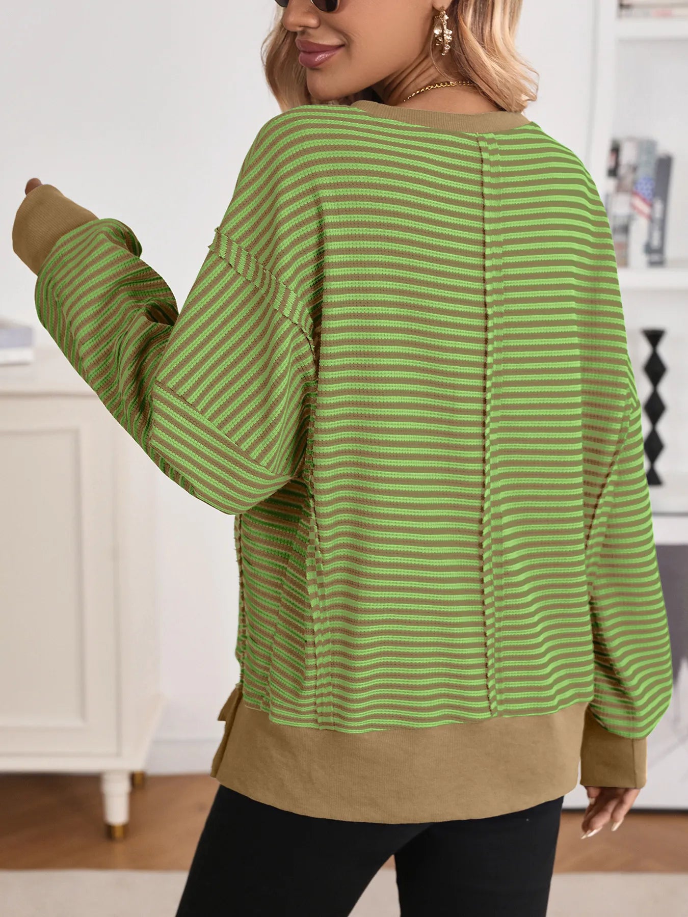 Oversized Exposed Seam Striped Contrast Sweatshirt - Stretchy Viscose Blend, Trendy Comfort