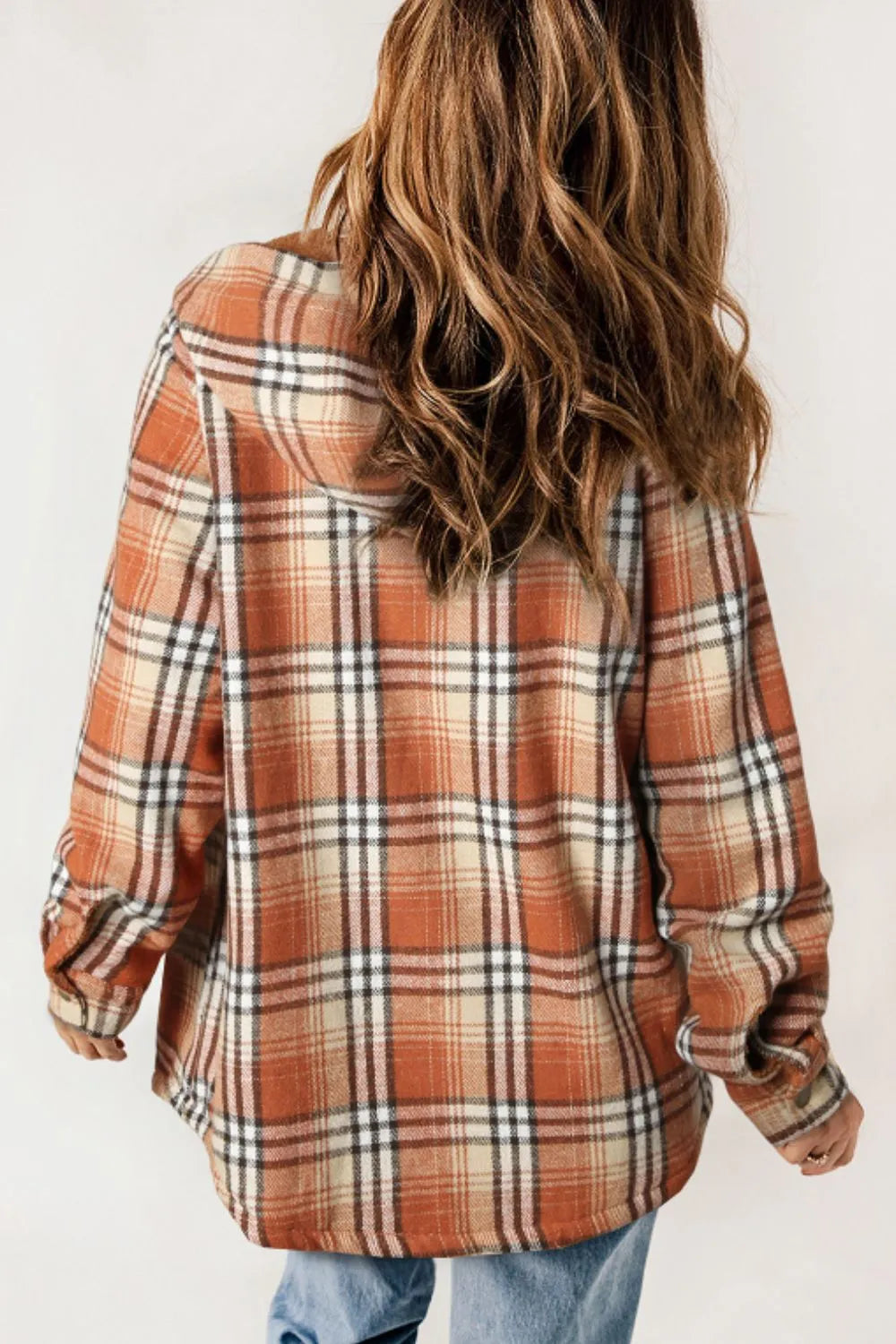 Plaid Hooded Button-Up Jacket for Women - Long Sleeve, 100% Polyester, Comfortable Fit