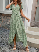 Printed Surplice Maxi Dress with Flutter Sleeves Green