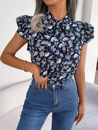 Floral Printed Tie Neck Blouse with Flutter Cap Sleeves - Casual Opaque Top - Store 42