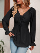 Mandy Tie Front V-Neck Blouse with Flounce Sleeves in Solid Casual Style - Store 42