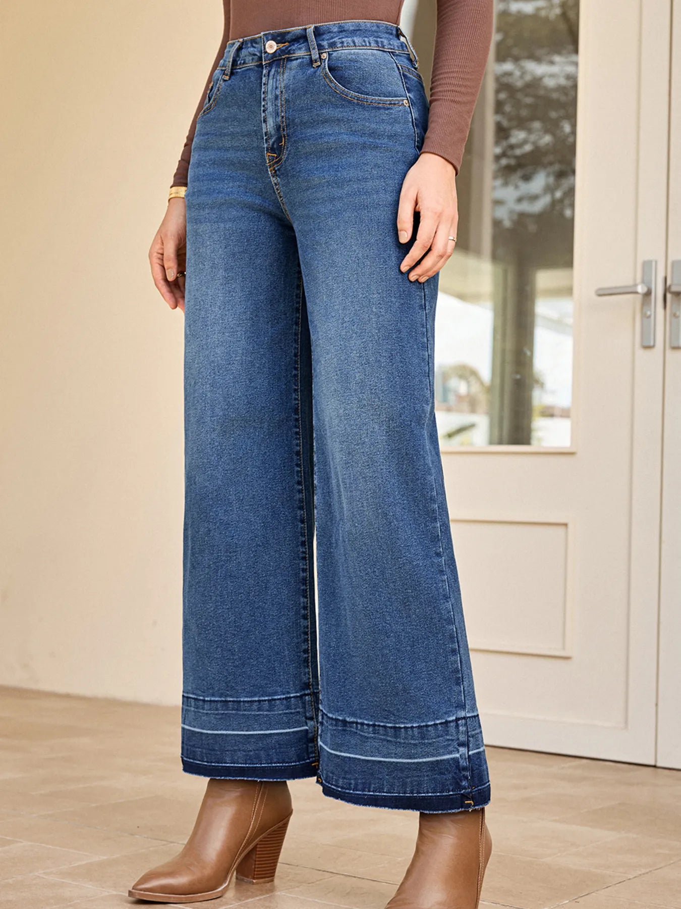 High Waist Wide Leg Jeans with Vintage Wash - 65% Cotton Comfort and Timeless Style