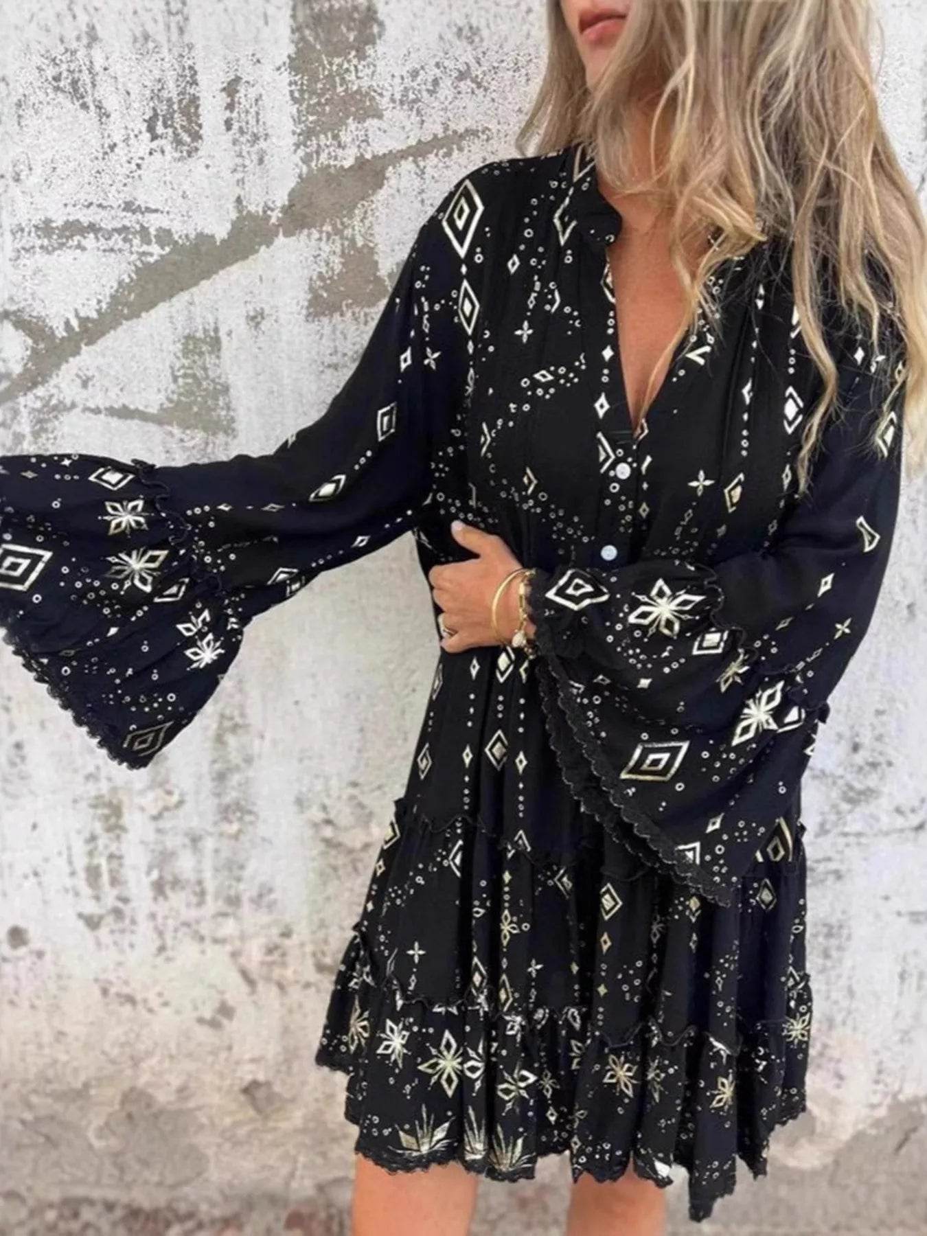 Full Size Printed Notched Flare Sleeve Dress Plus Size - Store 42