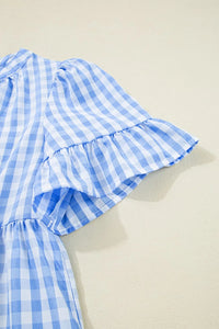 Gingham Short Sleeve Button Tie Split Neck Loose Mini Dress