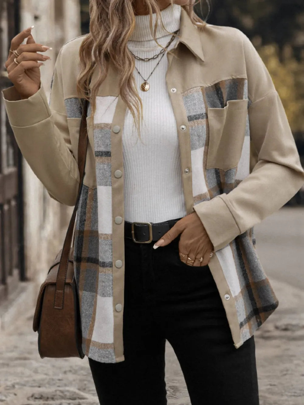 Perfee Plaid Snap Down Long Sleeve Shacket With Pockets - Casual Comfort for Every Season