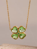 Stainless Steel Zircon Lucky Clover Pendant Necklace Green One Size