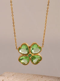 Stainless Steel Zircon Lucky Clover Pendant Necklace Green One Size