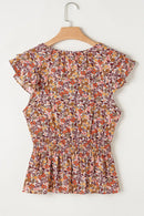 Floral Print Knot V Neck Ruffled Sleeve Blouse