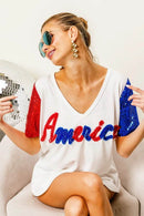 Chic Metallic Letter V-Neck Top with Sequin Sleeves for Glamorous Looks - Store 42