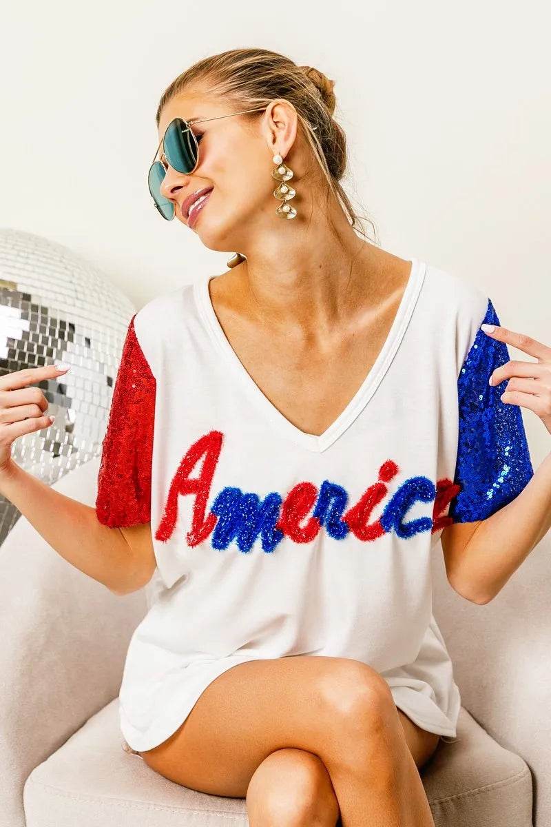Chic Metallic Letter V-Neck Top with Sequin Sleeves for Glamorous Looks - Store 42