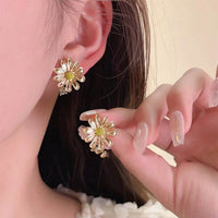 Elegant Alloy Drip Oil Flower Stud Earrings with Rhinestone - 925 Silver Needle - Lightweight - Store 42